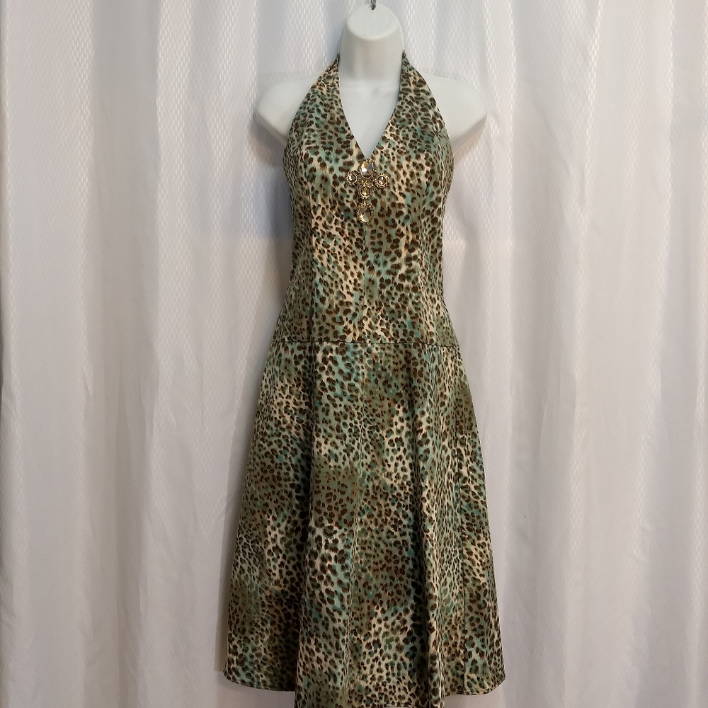 Curtsey Summer Halter-Neck Party Dress, Aqua/Brown/Cream Animal Print, Size 8 - Picture 6 of 15